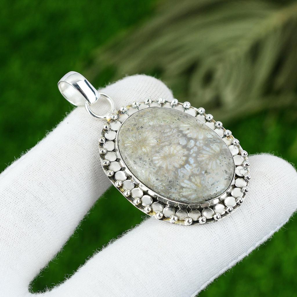Gift For Her 925 Sterling Silver Natural Fossil Coral Gemstone Jewelry Pendant