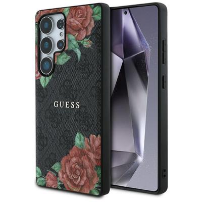 Pouzdro Guess Kožené 4G Květinový potisk Kovové Klasické Logo Magsafe Samsung Galaxy S25 Ultra Černé