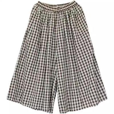 2024 Autumn Plus Size Plaid Cotton Linen Wide-Leg Skirt Pants - Elegant and Casual