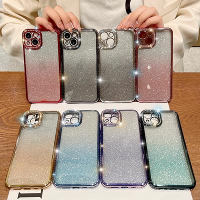 Suitable for IPHONE16 Case, Gradient Glitter Electroplated Soft Apple 15 Diamond-encrusted Full Cover 14proMax Protective Case