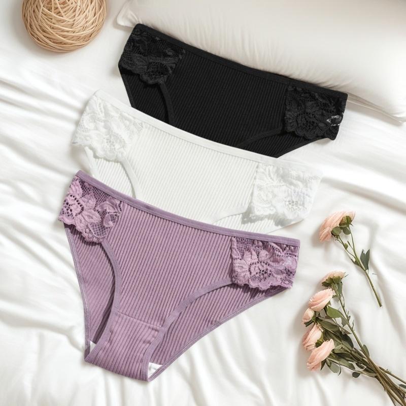 3Pcs/set Women Cotton Panties Low-Rise Underwear Patchwork Lace Briefs Female Soft Underpants Sexy Lingerie S-XL