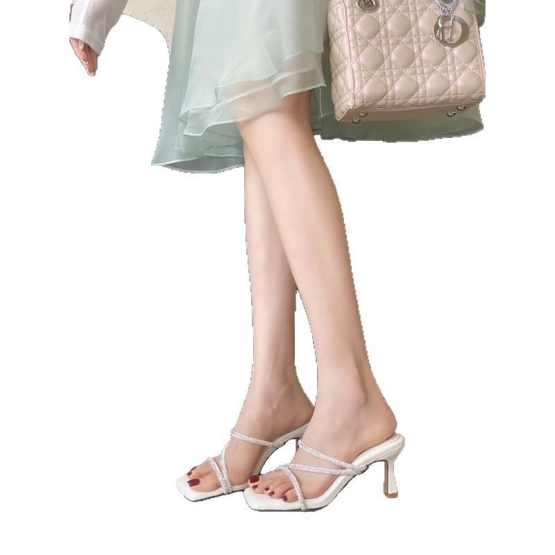 New high-heeled sandals, rhinestone with soft bottom and soft surface, square head open-toed thick-soled cool slippers.