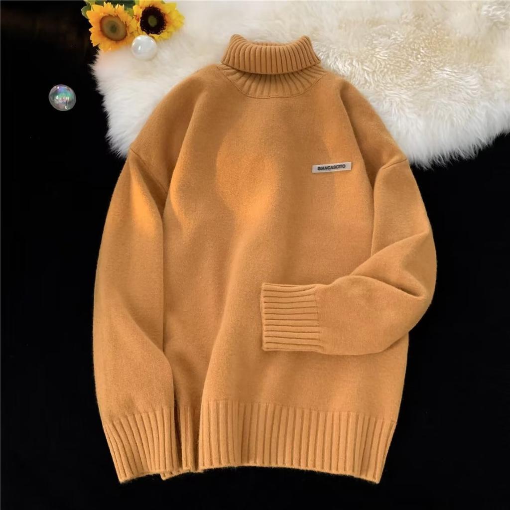 American Turtleneck Sweater Men's Autumn and Winter Thickened Loose Lazy Style High-end Knitted Sweater Japanese Retro Warm Interior