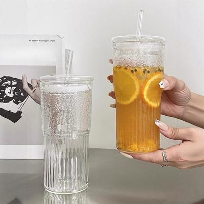 Niche Large Capacity Glass Straw Cup Office High-looking Ins Style Milk Tea Coffee Cup Heat Resistant Glass Water Cup