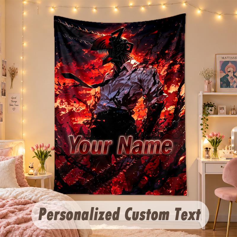 Custom Personalized Tapestry,Chainsaw Man Print Custom Name Text Wall Art Hanging for Bedroom