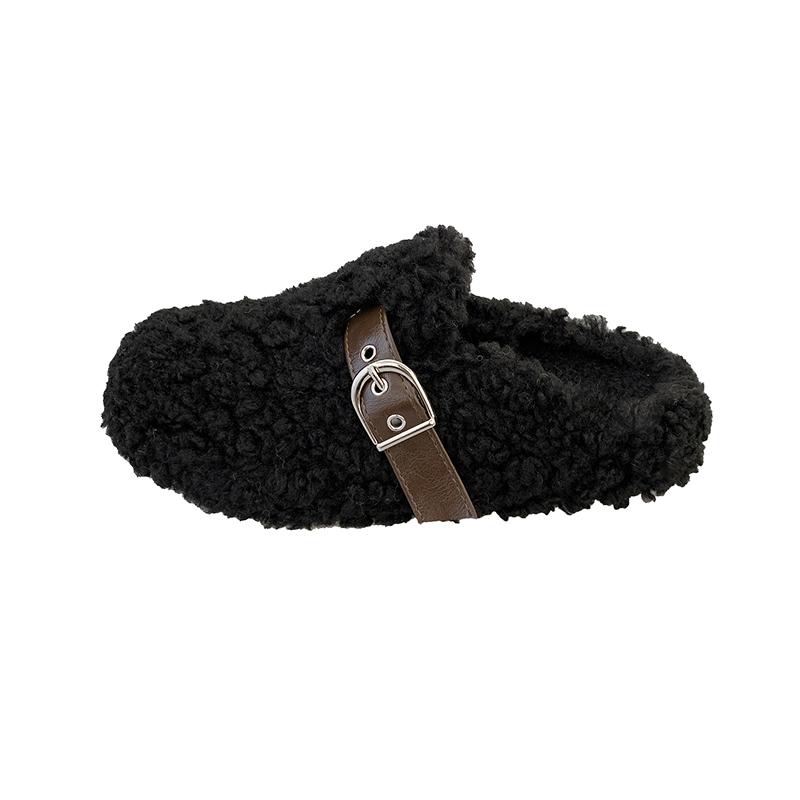 Luxury Furry Lambswool Slippers Woman Cover Toe Mules Shoes Winter Slip On Sliders House Pantuflas Mujer Curly Wool Fur Loafers