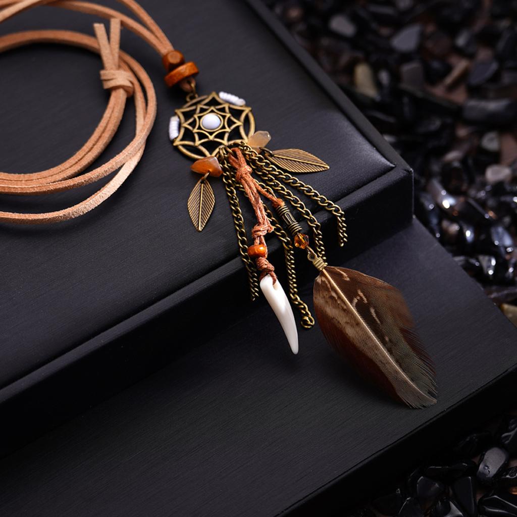 Retro Ethnic Feather Necklace With Leather Cord And Colorful Feathers, Perfect For Casual Wear