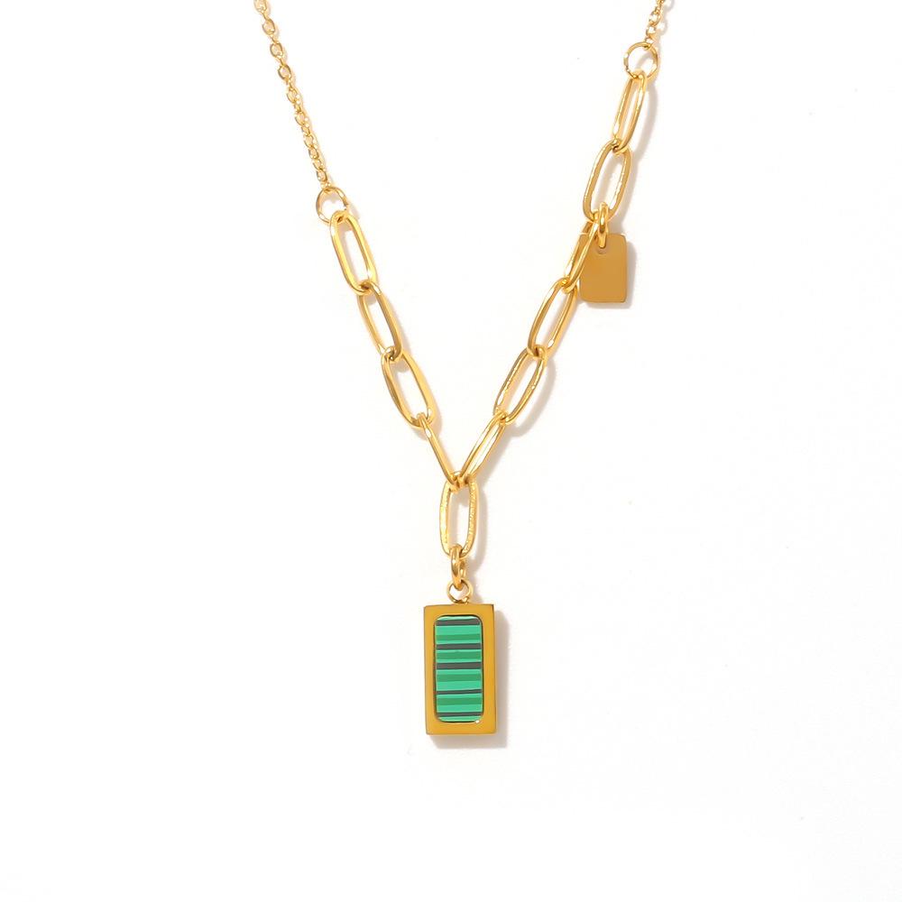 18K Gold-Plated Malachite Green Striped Collarbone Necklace - Small Square INS Style Retro Jewelry