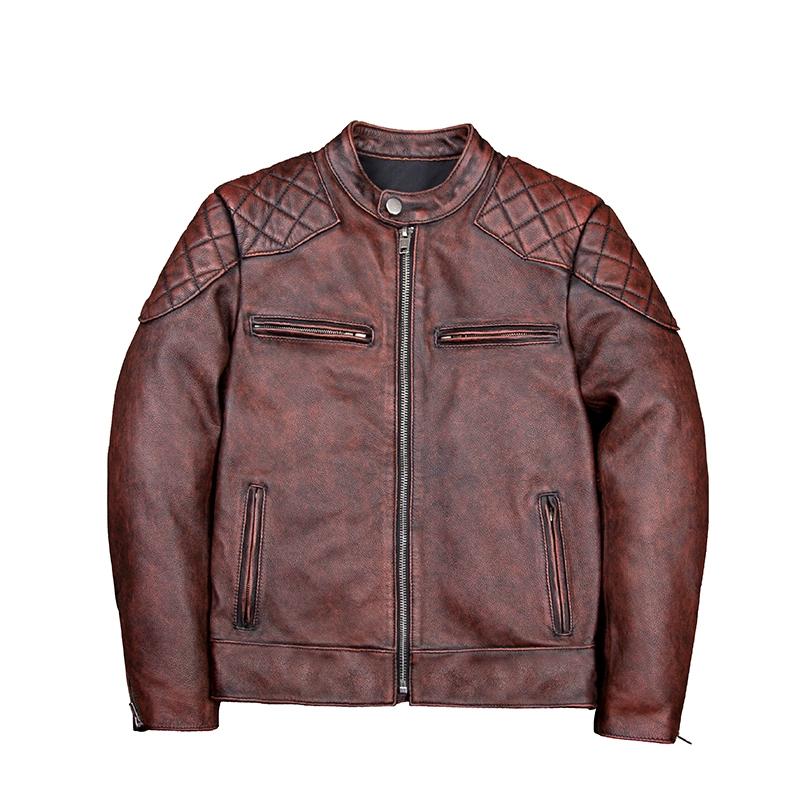 Chinese Size Amei Kaki Vintage Brown First Layer Natural Cowhide Men's Leather Jacket Men Biker Coat Slim Fit Autumn