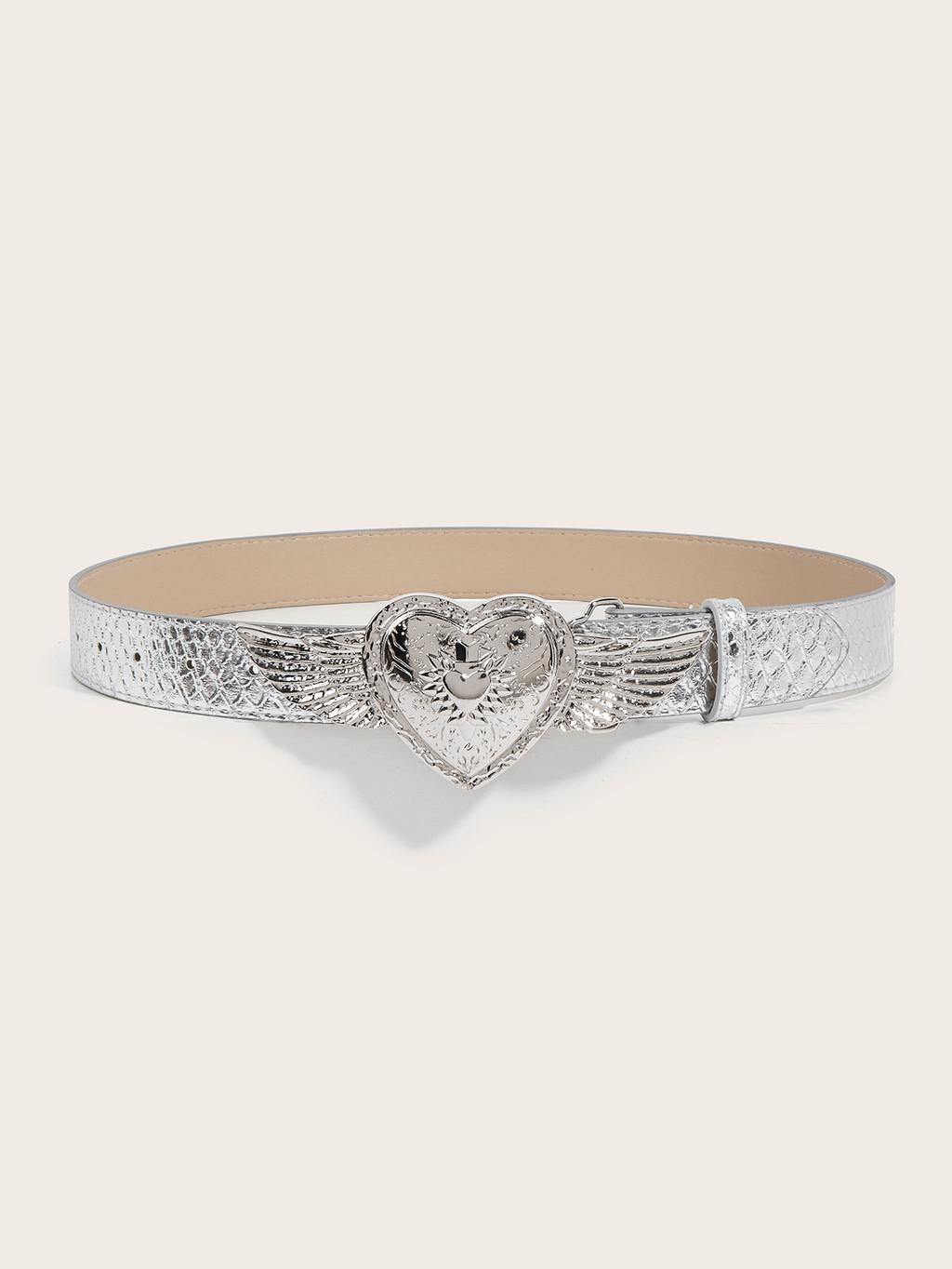 Casual Leather Belt For Women With Unique Snap Button And Silver Wing Heart Buckle