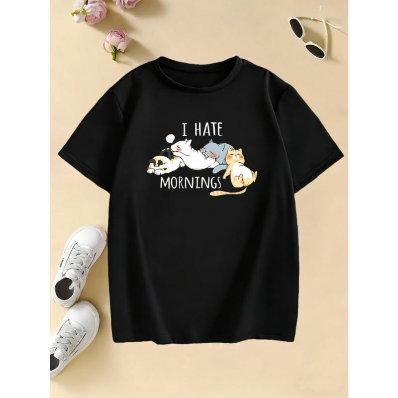 Children's T-shirt Summer Spring Kids I Hate Mornings Cute Cat Print T-shirt