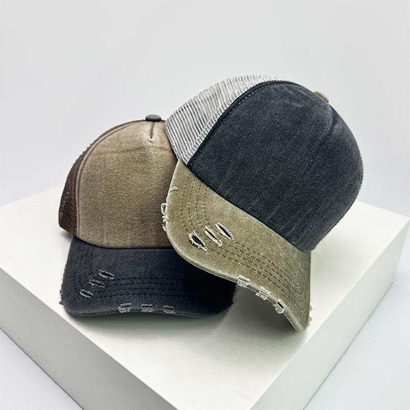 New Unisex Block Broken Baseball Hats Distress Breathable Mesh Sunshade Retro Trucker Caps Versatile Simple Fashion