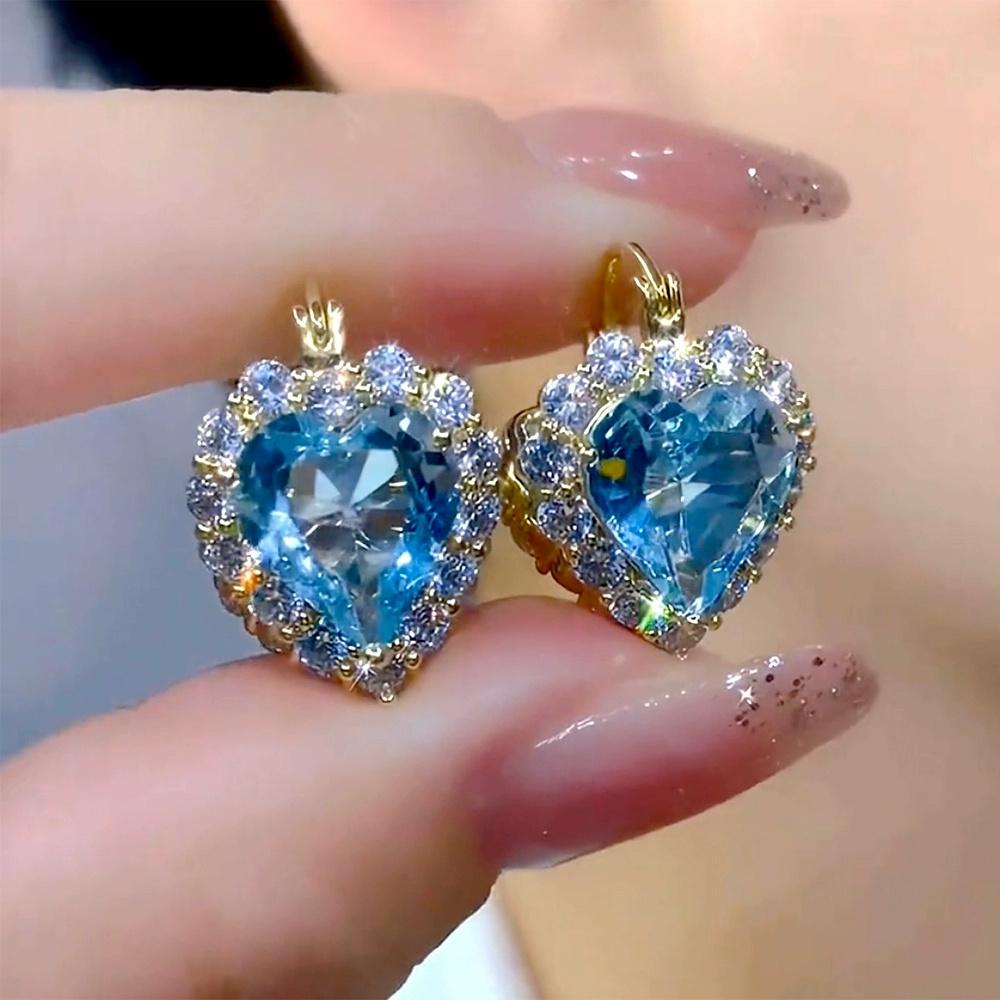 Luxury Female White Blue Zircon Stone Heart Hoop Earrings Vintage Fashion Gold Color Wedding For Women