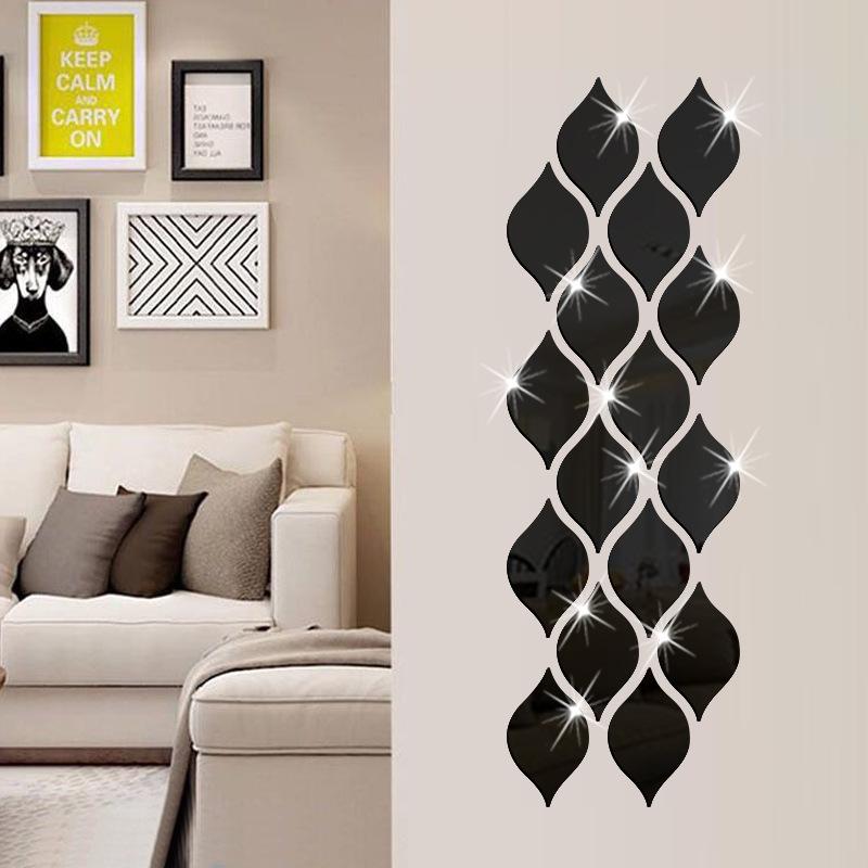 12pcs Acrylic Leaf Mirror Wall Sticker Home Decoration Water Drop Mirror Decals Self-adhesive Art Mural Living Room Wallpaper