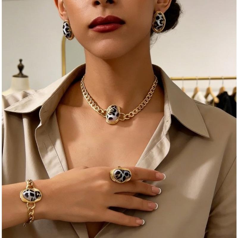 Набор жемчуга особой формы, Ретро-ожерелье, браслет, кольцо с роскошным темпераментом. цветной печати леопарда