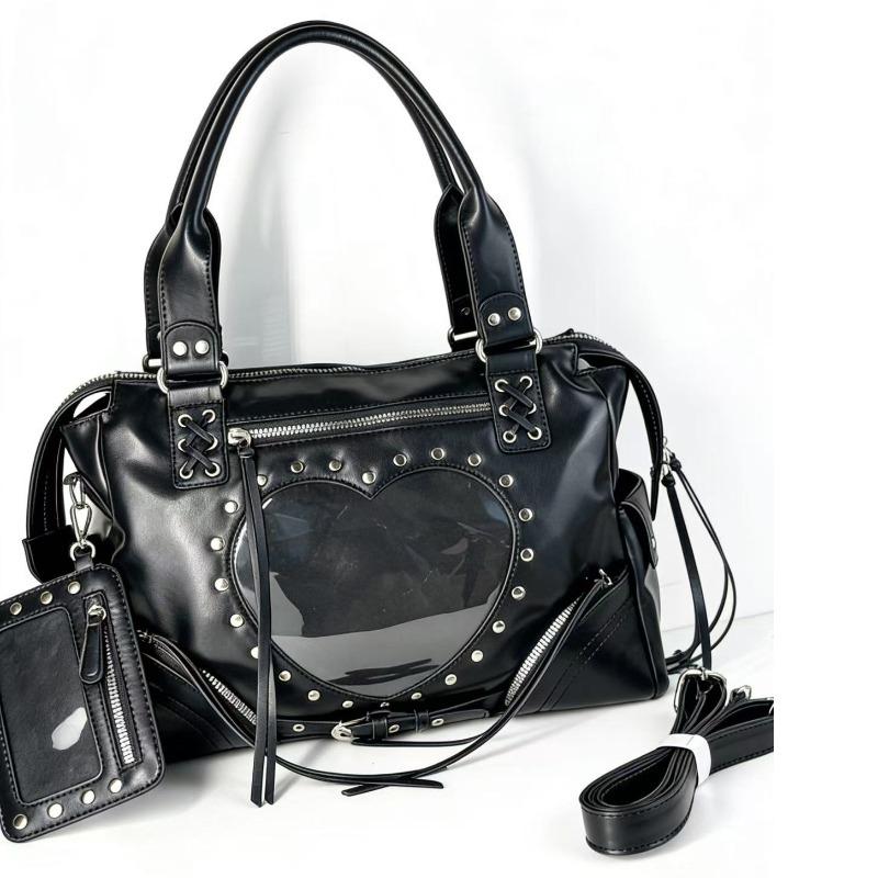 Small-scale Retro Motorcycle Large-capacity Rivet Commuter Tote Backpack with Shoulder Strap and Crossbody Design