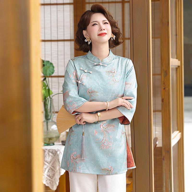 Elegant Spring/Summer Seven-Sleeve Top for Middle-Aged and Elderly Women - Stylish New Chinese Design 4XL (130-145 jin) синий