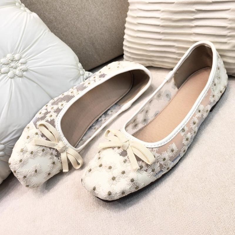 Sweet Daisy Embroidery Design Brand Ballet Flats Women Cute Square Toe Bow Decorated Mary Jane Shoes Cozy Mesh Low Heel Loafers
