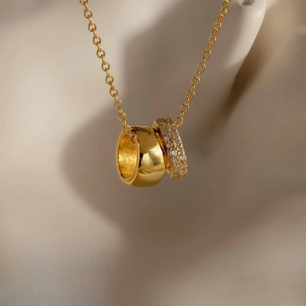 

EManco Stainless Steel Ring Pendant Necklace Luxury Rhombus Ring Crystal Necklace Non Tarnish Gold Color Jewelry for Women