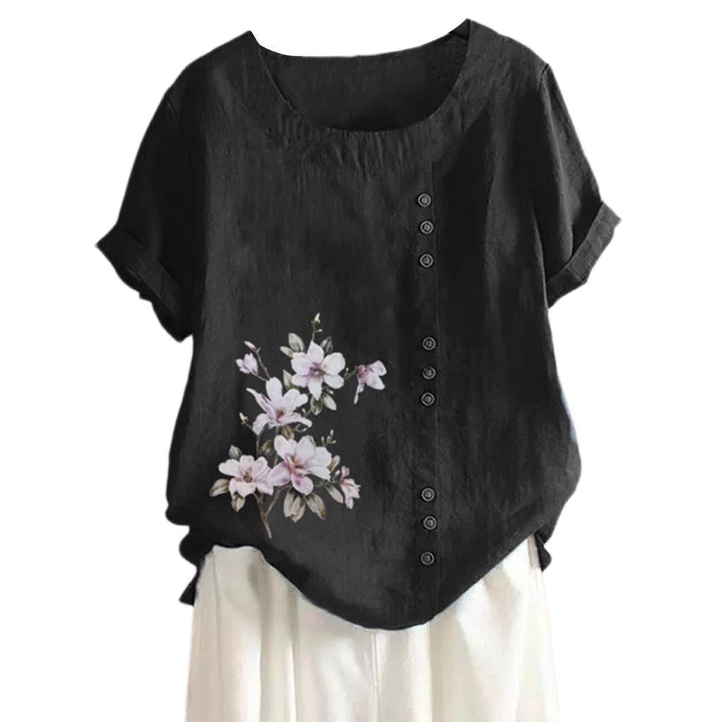 Women's Cotton Linen Round Neck Short Sleeve With Button Tops Printed T-shirt