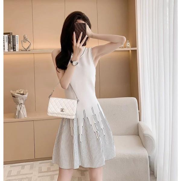 Minimalist Striped Sleeveless Knit Midi Dress with Waist-Cinching Design for Women