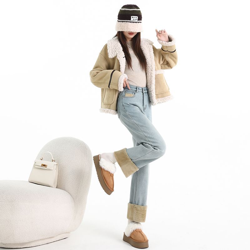 Women's New Style of Jeans with Velvet Thickened Small High-waisted Slim Straight Pants