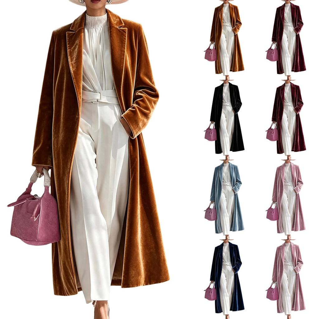 Cappotto Lungo da Donna in Velluto con Collo a Revers Lunghezza Sopra il Ginocchio Elegante Capospalla Invernale