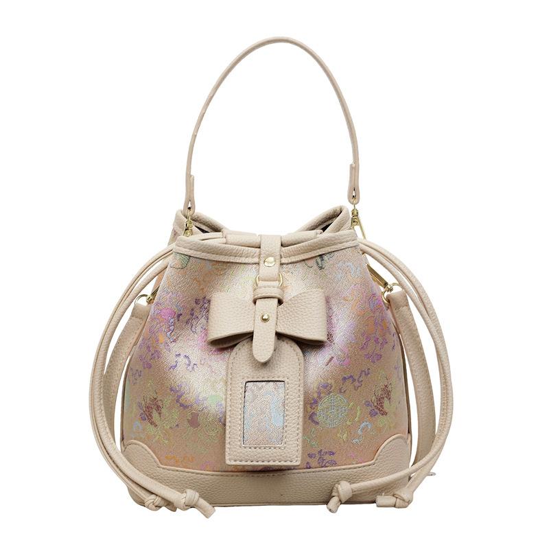 

Bucket Bowknot Vintage Handbag with Ethnic Style and Three-color Glaze Bucket Bag for Casual Wear бежевий