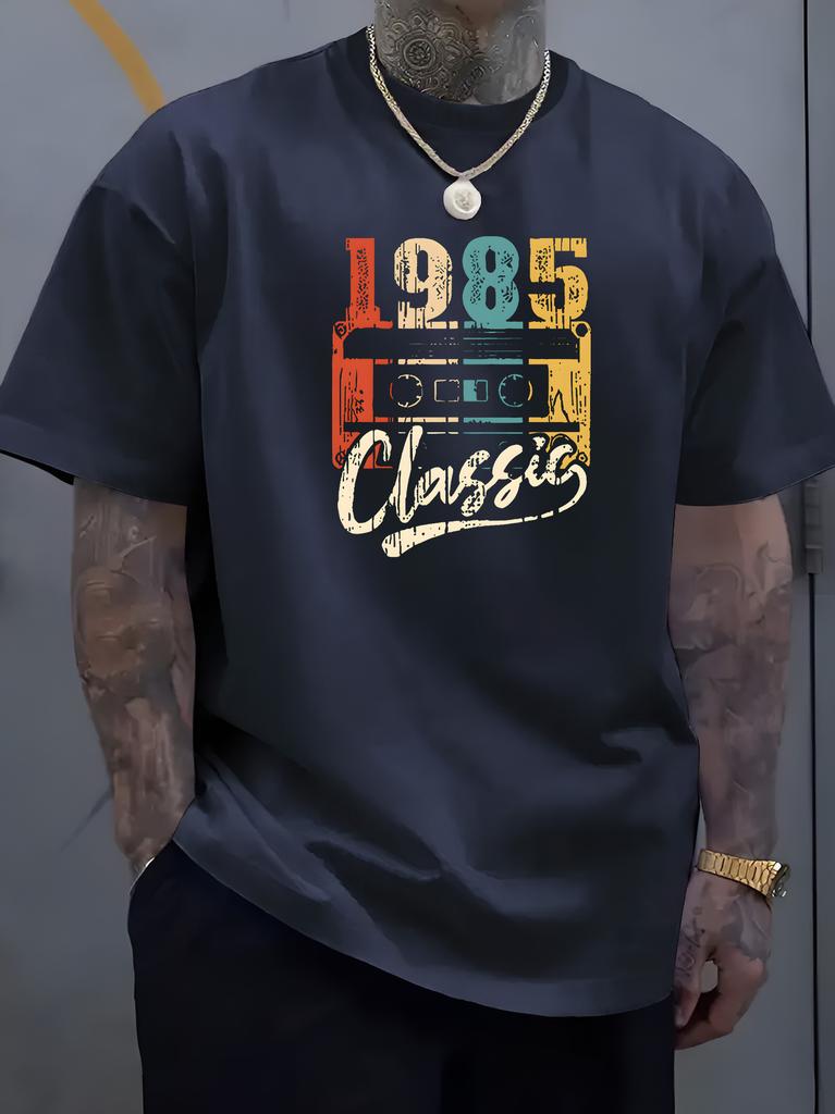 Unisex Black Crew Neck Tee Retro Multicolor Cassette Tape 1985 Classic Distressed Vintage Music Born Year Soft Cotton Male Tops