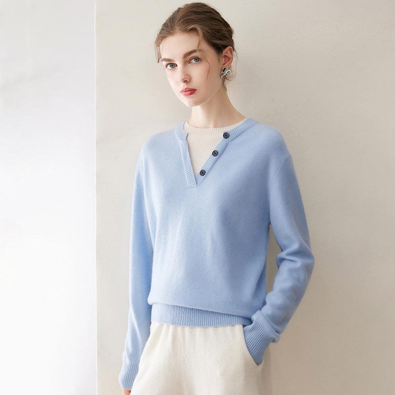 Kang Sai Ni Women's 100% Cashmere Two-Piece Style Sweater - Versatile, Fashionable, Loose Fit Knitwear
