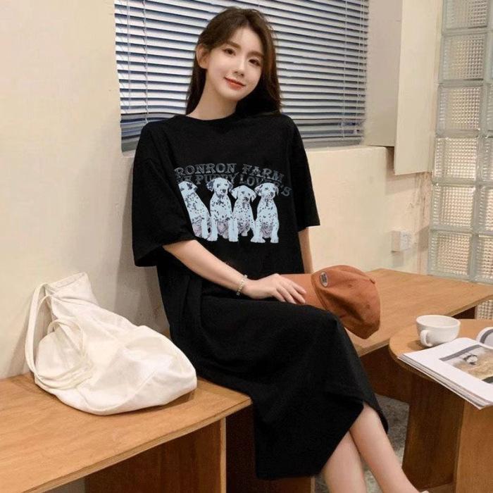 Large size women's clothing Korean short-sleeved t-shirt dress summer long over knee fat mm belly covering and thin split skirt