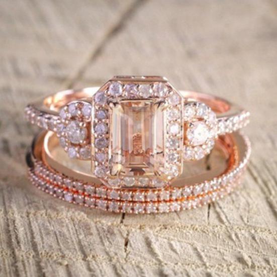 2Pcs/Set Ladies Rings Shiny Faux Crystal Rose Golden Alloy Ring Elegant Jewelry Accessories Fashion Micro-Inlaid Square Rhinestones Rings Engagement