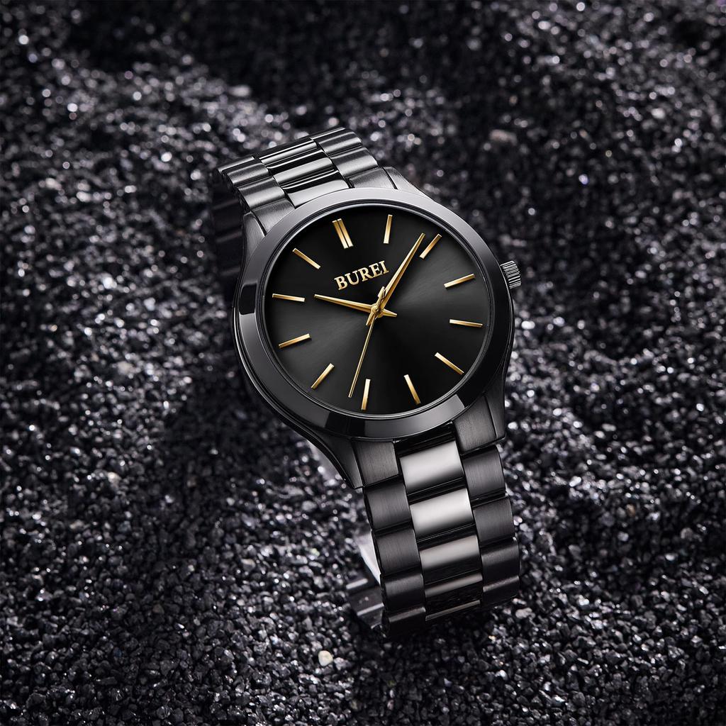 [BUREI] Men's Analog Quartz Watch Simple Waterproof Black Business Casual Stylish Popular Gentleman Watch Gift Red (Gold Second Hand)