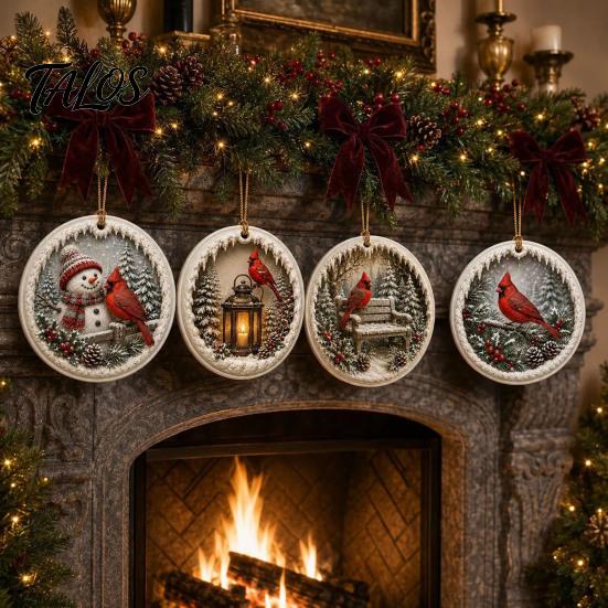 Charming Holiday Tree Accents 2 Pcs Red Bird Christmas Ornaments, 2D Round Acrylic Snowy Scene Classic Keepsake Ornaments Xmas Hanging Decoration for
