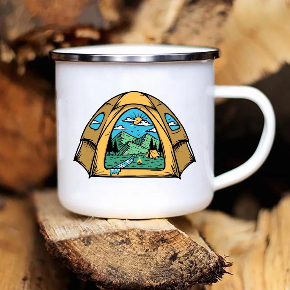 Touring Enamel Mug Caravan Printed Camper Mugs Camping Enamel Mug Adventure Campfire Party Beer Juice Cup Gifts for Camper