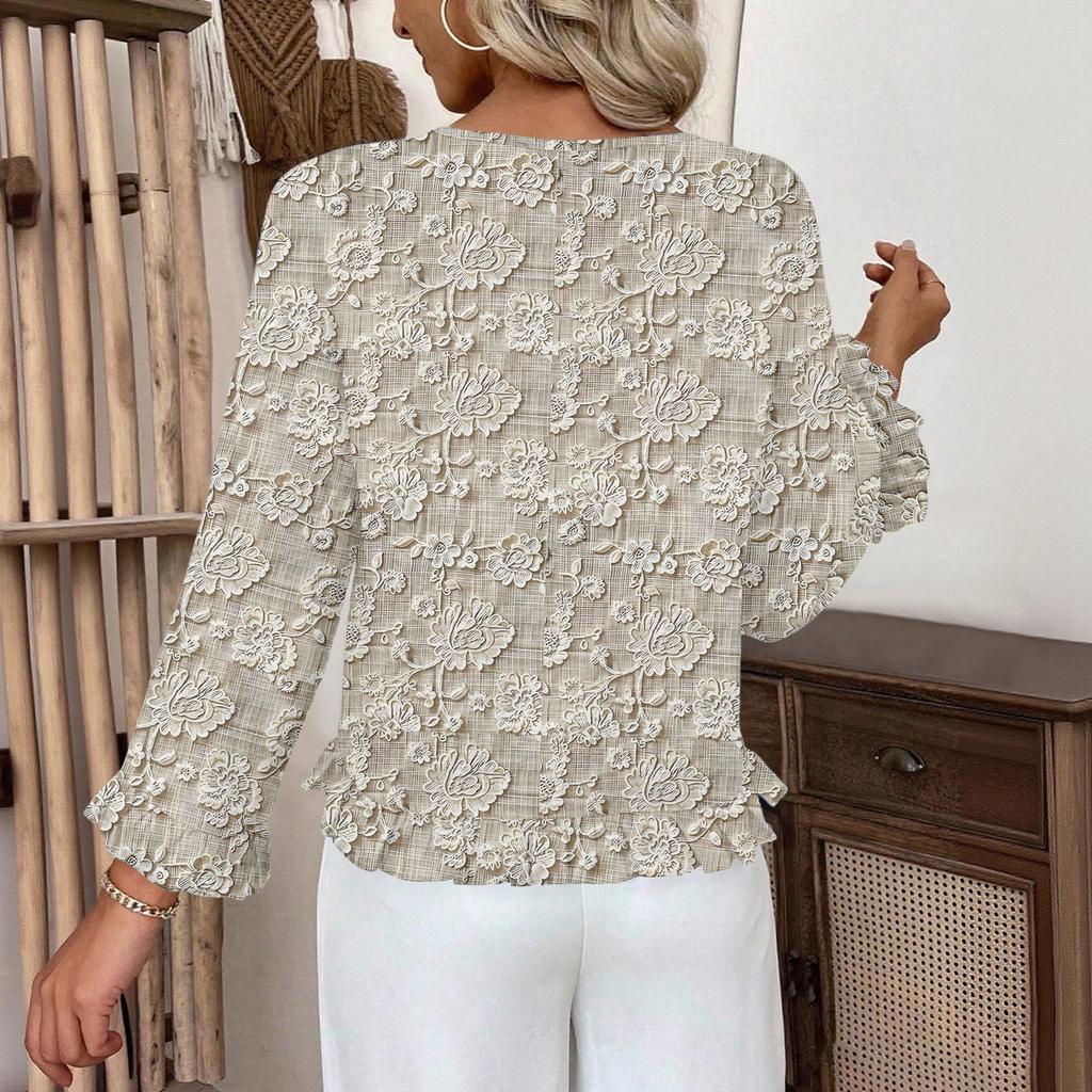 Dámský ležérní módní top s volánky, výstřihem do V, potiskem a dlouhým rukávem