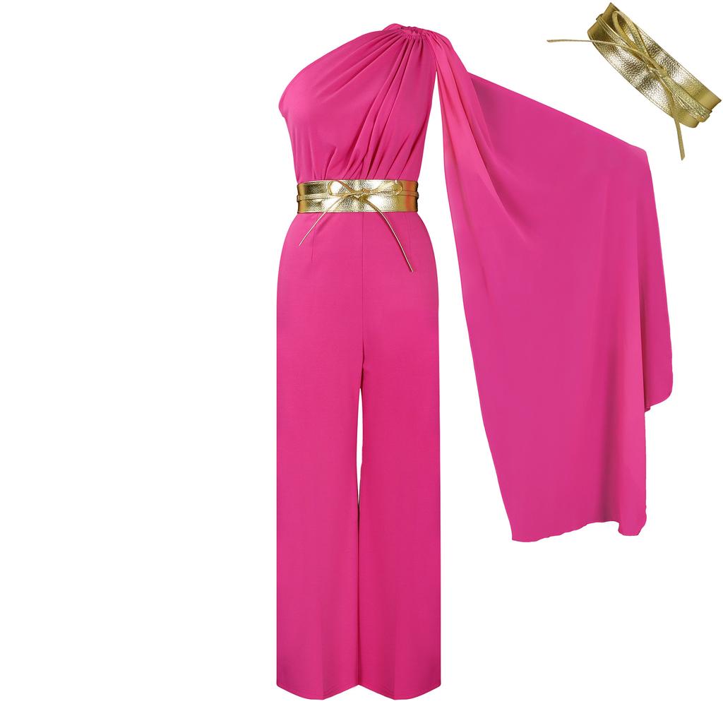 Trousers Women's Spring and Summer New Fashion Temperament Diagonal Neck Splicing Pleated OL High-waisted Jumpsuit
