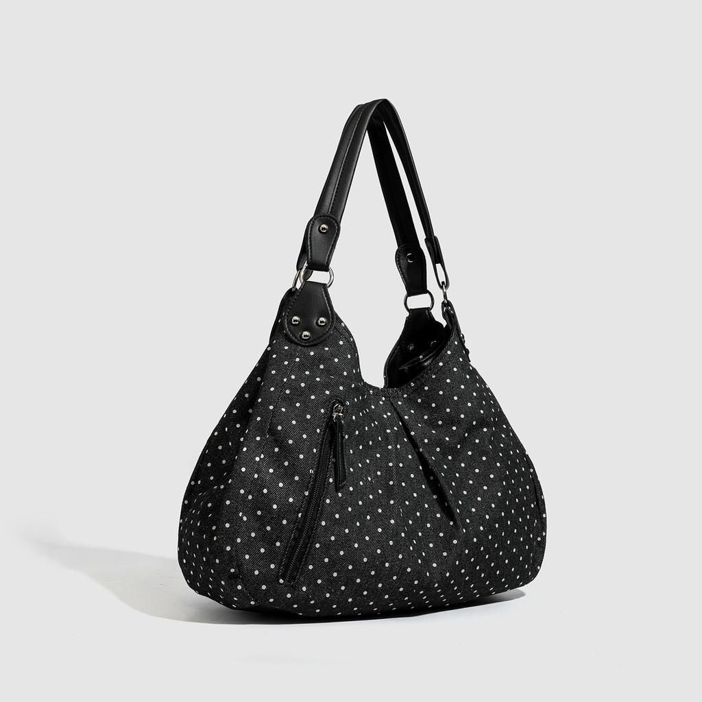 Korean Retro Polka Dot Tote Bag Large Capacity Hobo Shoulder Bag for Women 2025 Fashion Preppy Style