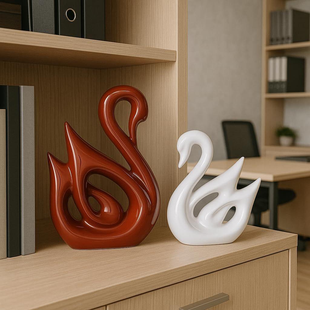 Lucky Swan Couple Piano Finish Ceramic Figures for Home Decor (Set of 2 Pc, Large, Brown & White)