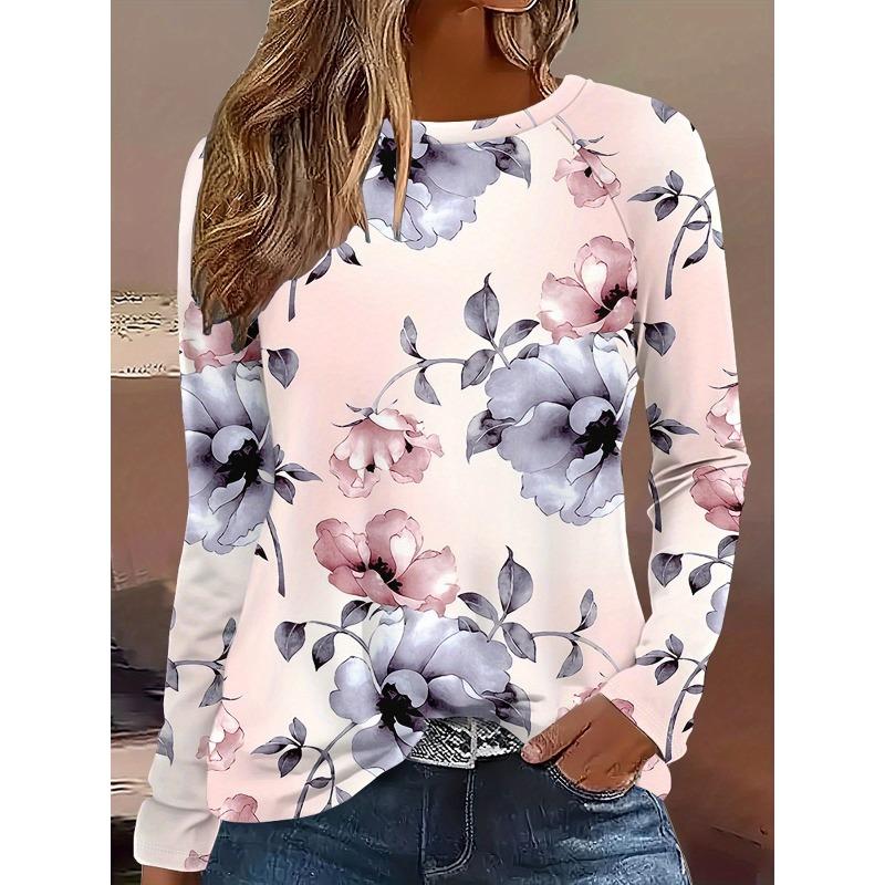 Top cu Imprimeu Floral Imprimat 3D Tricouri Casual cu Mânecă Lungă pentru Femei - Material Moale din Poliester cu Elasticitate Medie Haine cu Croială Relaxată pentru Primăvară și Toamnă