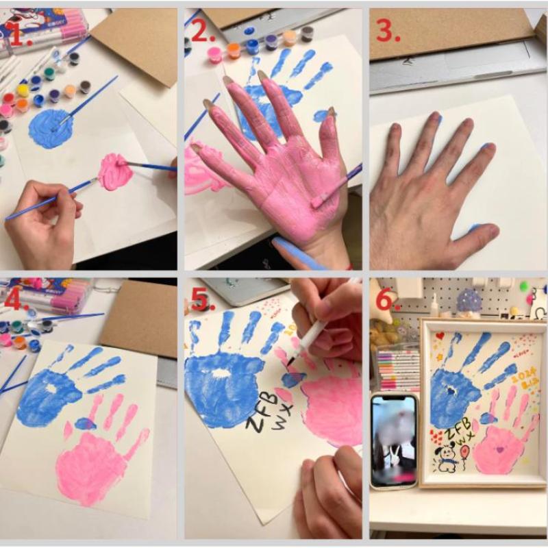 Diy Couple Hand Paint Shadow Box Frame Wooden Handprint Photo Frame 12-Color Paint Set Display Gifts