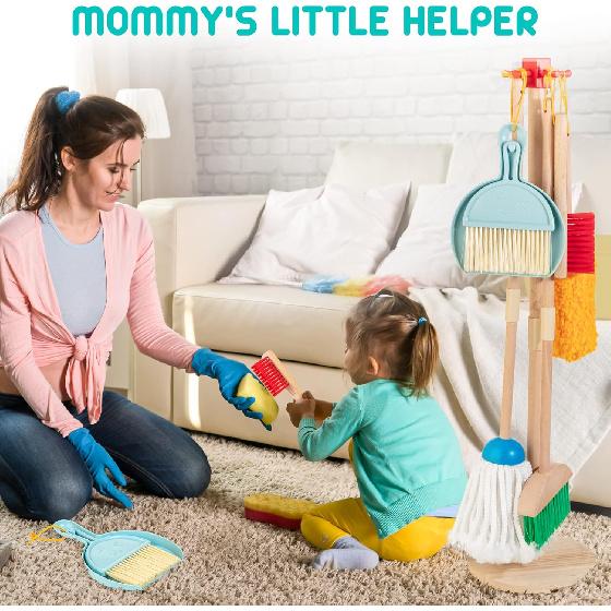 Kids Cleaning Set, 8 Pcs Wooden Housekeeping Play Set Includes Broom Mop Duster Dustpan Brushes Rag and Organizing Stand, Cleaning Toys Gift for
