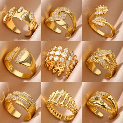 Inel deschis de modă de lux ușor, bicolore, în formă de X cu dungi, încrustat cu zirconiu de 14k pentru noul stil al femeilor