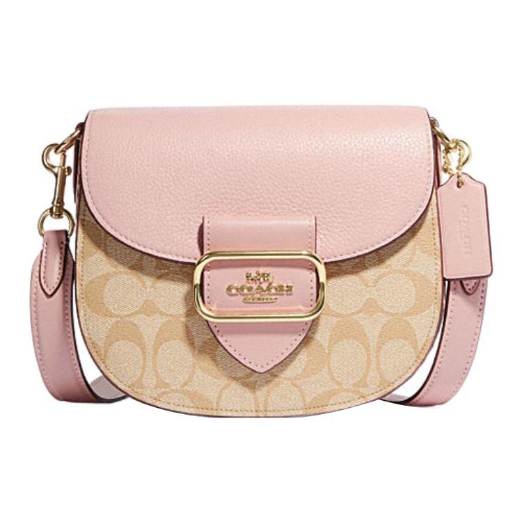 New COACH Morgan Canvas With Sheepskin Saddle Bag Shoulder Bag Crossbody Bag Small Size Women's Khaki Monogram & Pink CF410-IMSWZ