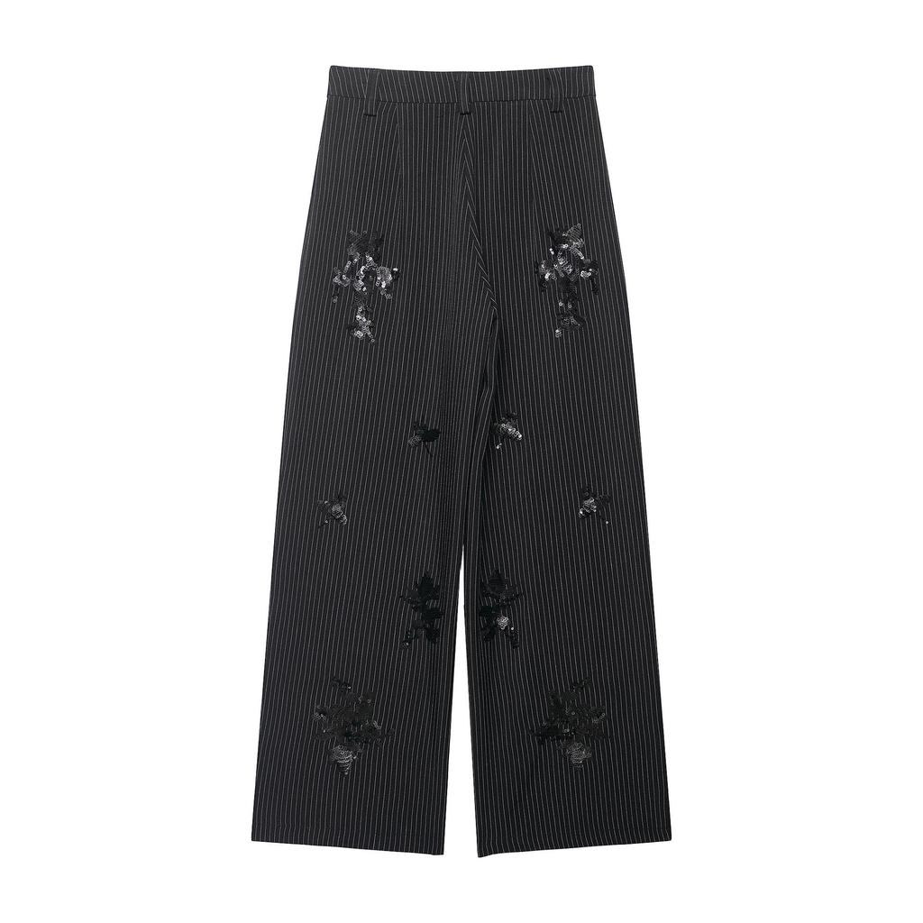 Spring European & American Style Embroidered Sequin Striped Suit with High Waist Long Pants