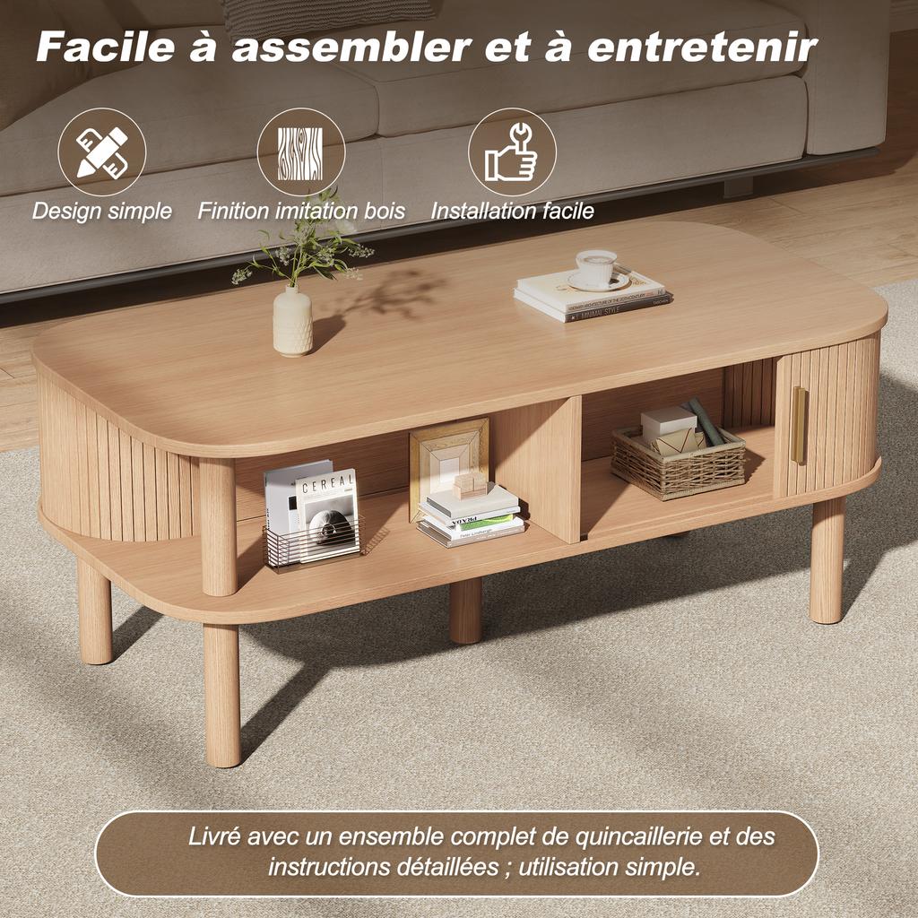 Stolik Kawowy 110×55×45cm wykonany z MDF, Stolik do Salonu z Drzwiczkami Rolowanymi, Otwarta Przegroda do Przechowywania, Nośność do 60 kg, Kolor Drewna