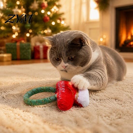 Interactive Cat Toys Christmas Catnip Toy for Indoor Cats, Stuffed Chew with Mesh Teething Relief Kittens Tube, Flexible Tube Bell Holiday Gift