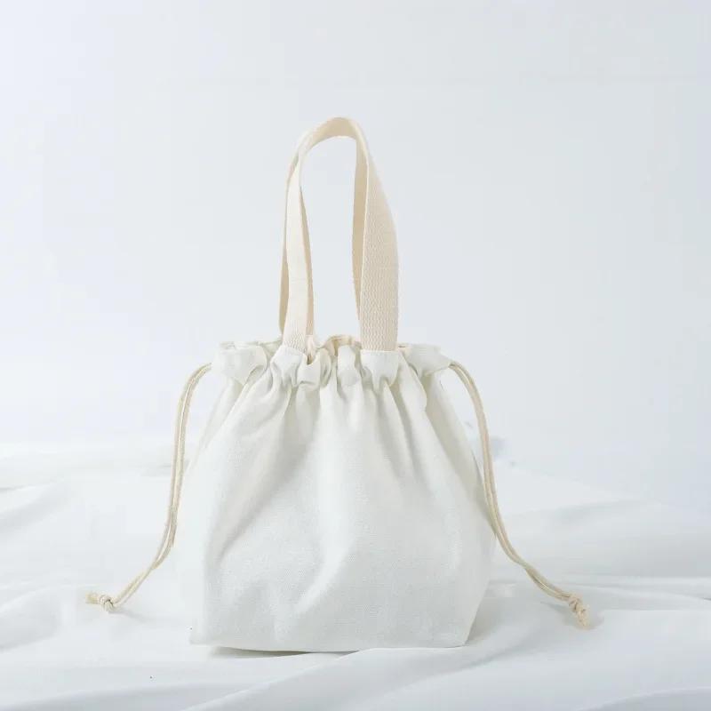 Small Fresh Drawstring Canvas Bag Hand Handbag Japanese Portable Bento Bag Large Capacity Bunched Lunch Box Bag
