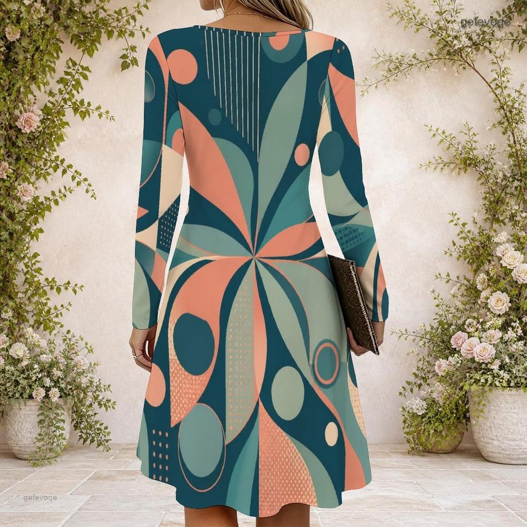Women Abstract Printed Criss Cross V Neck Long Sleeve Fitted Curved Hem Dress