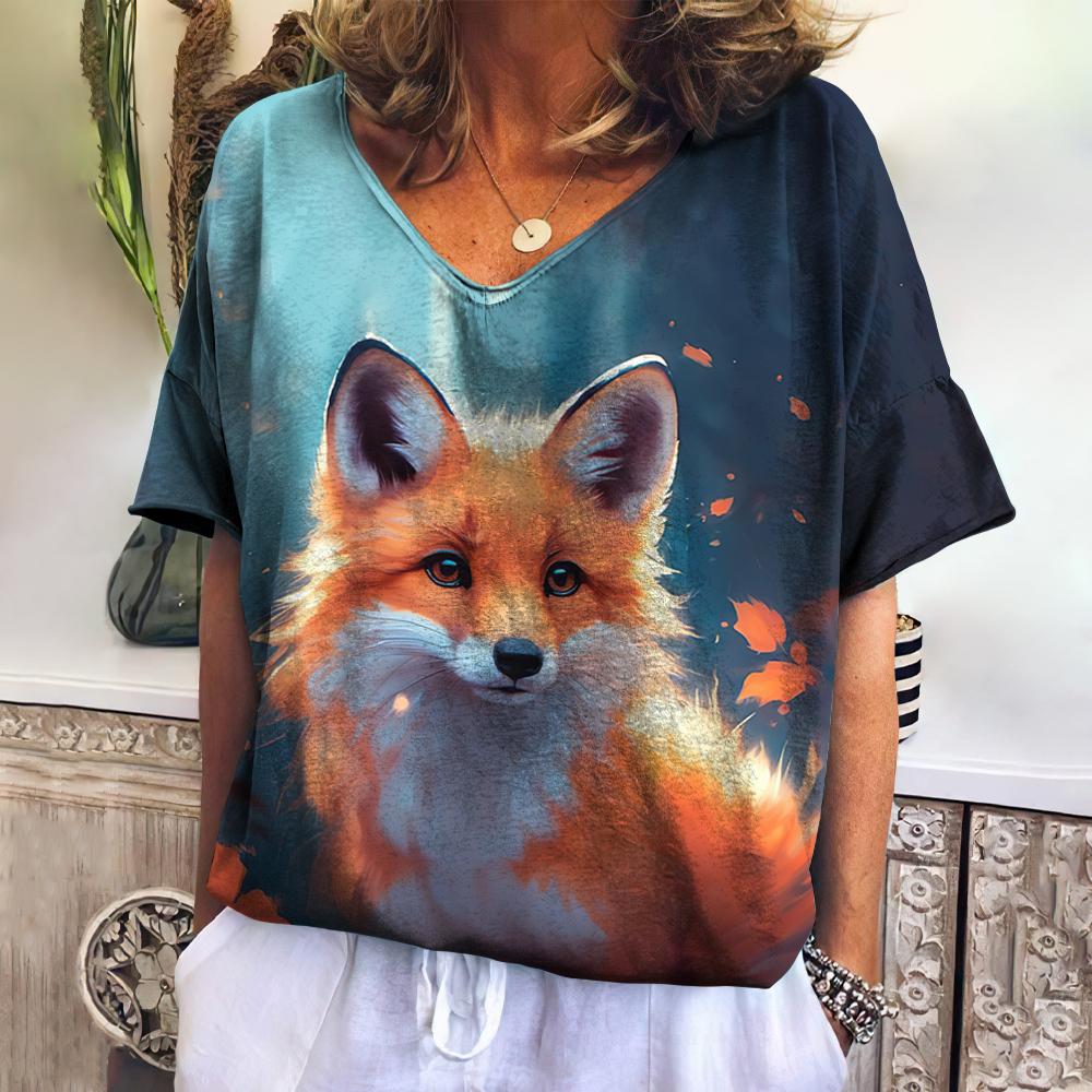 

Новинка 2024 года, винтажная женская футболка с мультяшным принтом лисы, большие размеры, женская трендовая одежда, модная рубашка с коротким рукавом, женская блузка с v-образным вырезом 2XL